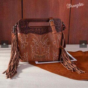Wrangler Top Handle Embroidered Boot Stitch Fringe Crossbody Tote